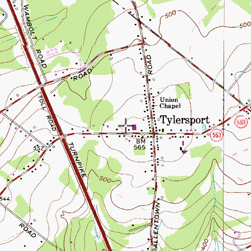 Topographic Map of Tylersport Post Office, PA