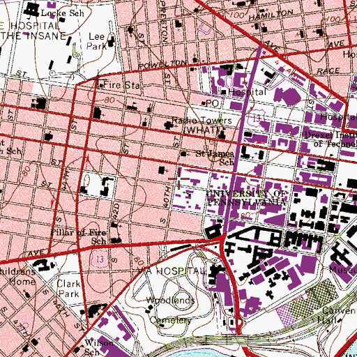 Topographic Map of University City Post Office, PA