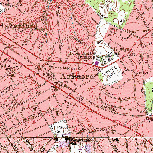 Topographic Map of Volunteer Medical Services Corps of Lower Merion and Narberth, PA