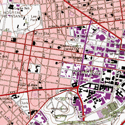 Topographic Map of Walnut Street West Library, PA
