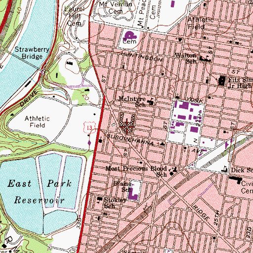 Topographic Map of Strawberry Mansion Middle and High School, PA