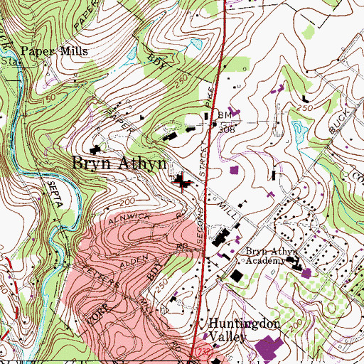 Topographic Map of The Bryn Athyn Cathedral, PA