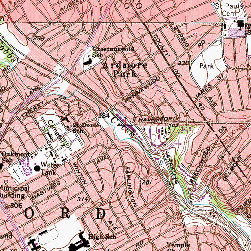 Topographic Map of Wynnewood Road Station, PA