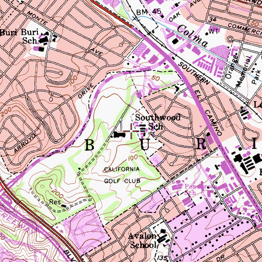 Topographic Map of South San Francisco Adult School, CA