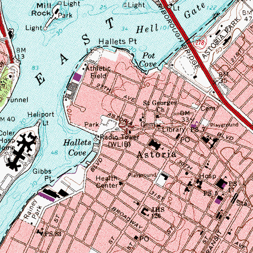 Topographic Map of Hallets Cove Playground, NY