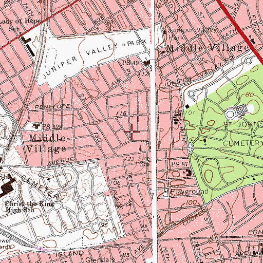 Topographic Map of Middle Village Veterans Triangle, NY