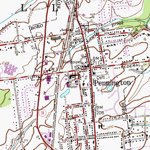 Topographic Map of Pennington School, NJ