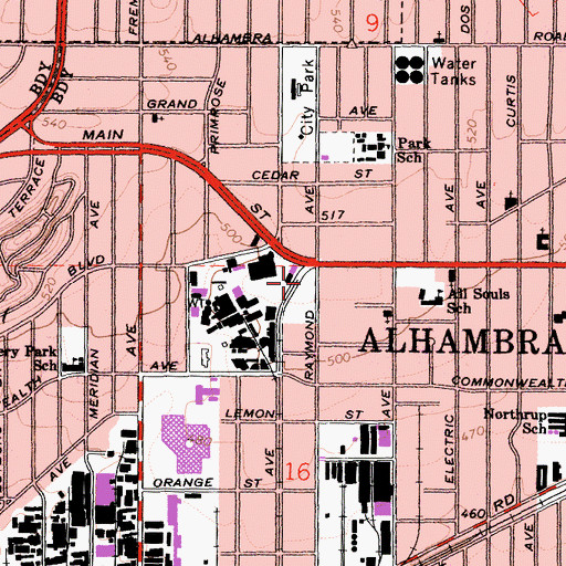 Topographic Map of Alhambra Medical University, CA
