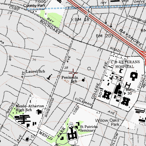 Topographic Map of Menlo Oaks, CA