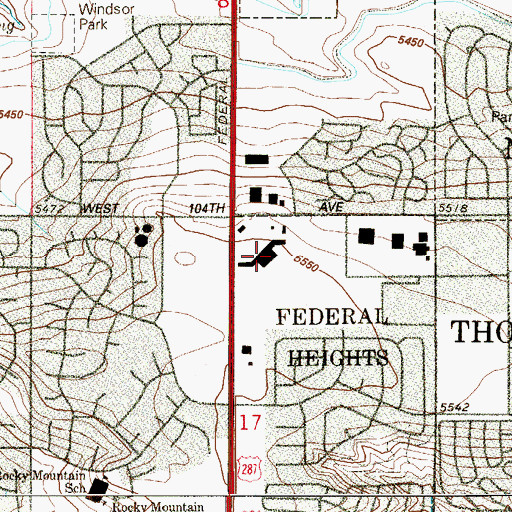 Topographic Map of Federal Heights Plaza Shopping Center, CO