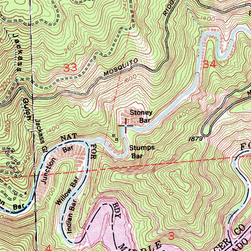Topographic Map of Stoney Bar, CA