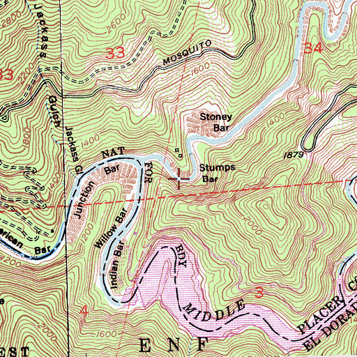 Topographic Map of Stumps Bar, CA
