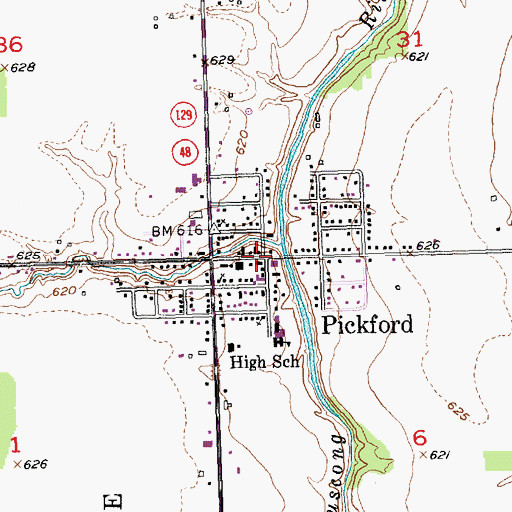 Topographic Map of Pickford Township Hall, MI