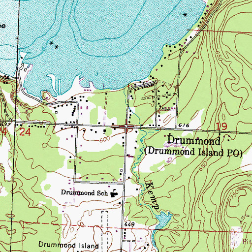 Topographic Map of Drummond Island Township Hall, MI
