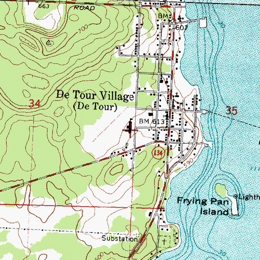 Topographic Map of De Tour Area Public Library, MI