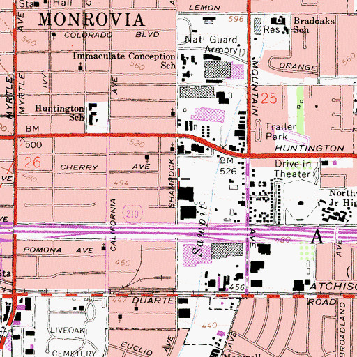 Topographic Map of Monrovia Airport (historical), CA