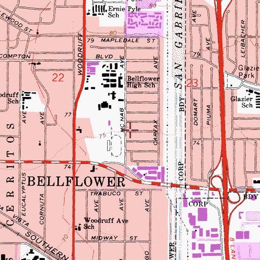 Topographic Map of Bellflower Airport (historical), CA