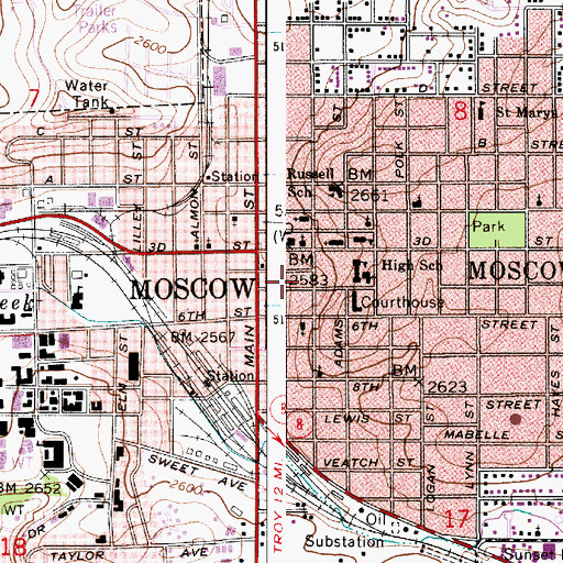 Topographic Map of Moscow Post Office, ID
