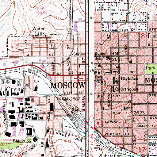 Topographic Map of Hotel Moscow, ID