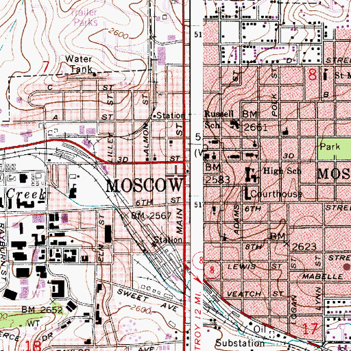 Topographic Map of Moscow City Hall, ID