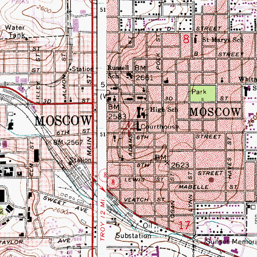 Topographic Map of Latah County Courthouse, ID