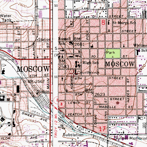 Topographic Map of Latah County Jail, ID