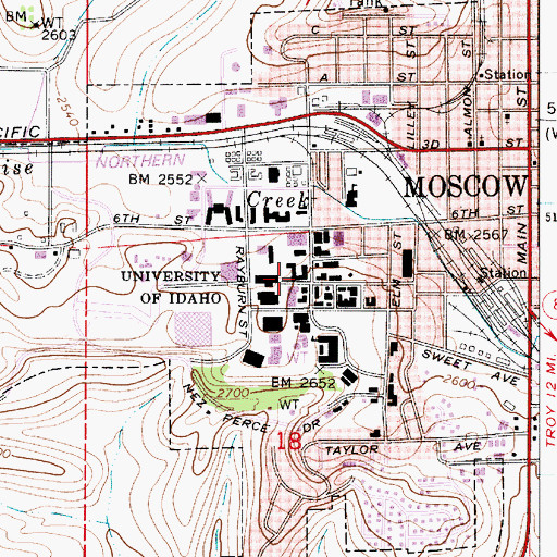 Topographic Map of Willis Sweet Hall, ID