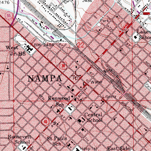 Topographic Map of Nampa Post Office, ID