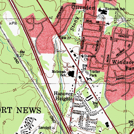 Topographic Map of Richneck Center Shopping Center, VA