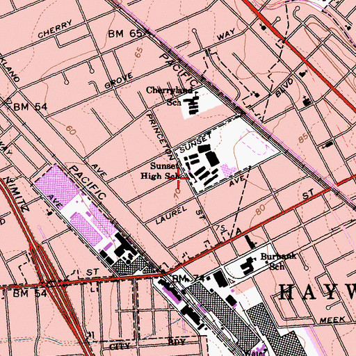 Topographic Map of Hayward Adult School, CA