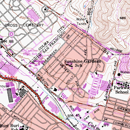 Topographic Map of Sunshine Gardens Elementary School, CA