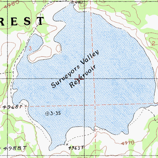 Topographic Map of Surveyors Valley Reservoir, CA