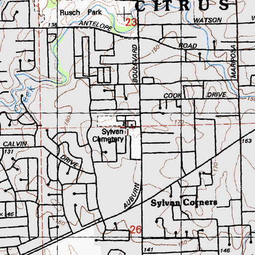 Topographic Map of Sylvan Cemetery, CA