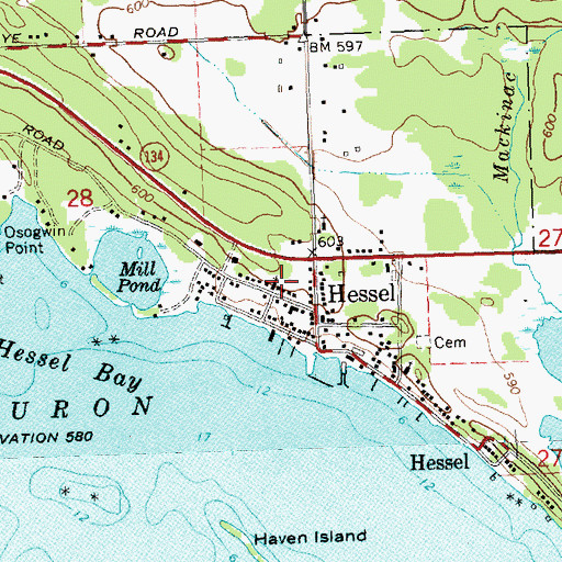 Topographic Map of Hessel Presbyterian Church, MI