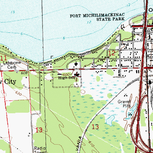Topographic Map of Mackinaw City K-12 School, MI
