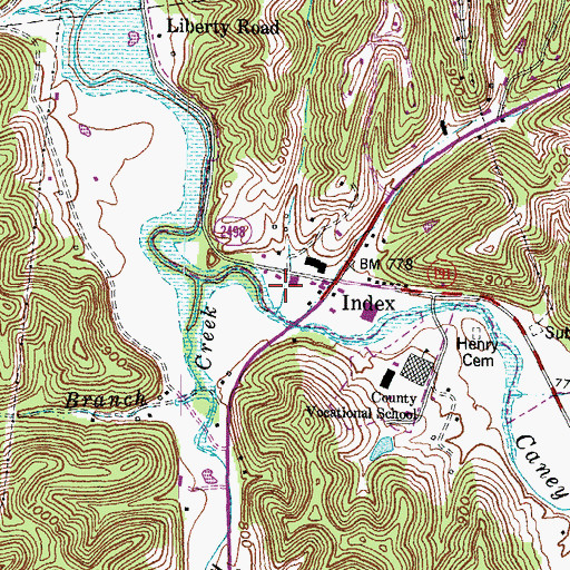 Topographic Map of Index Railroad Station (historical), KY