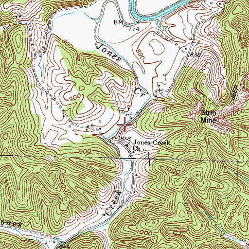 Topographic Map of Jones Creek (historical), KY