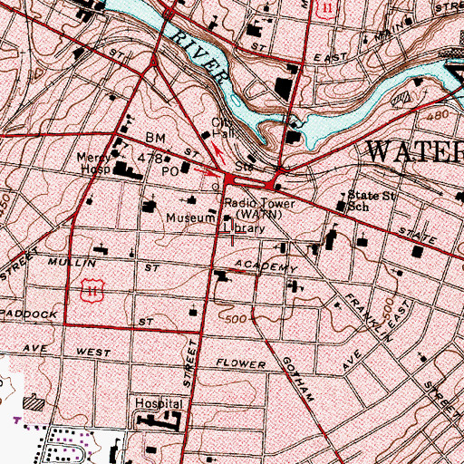 Topographic Map of Watertown Municipal Building, NY