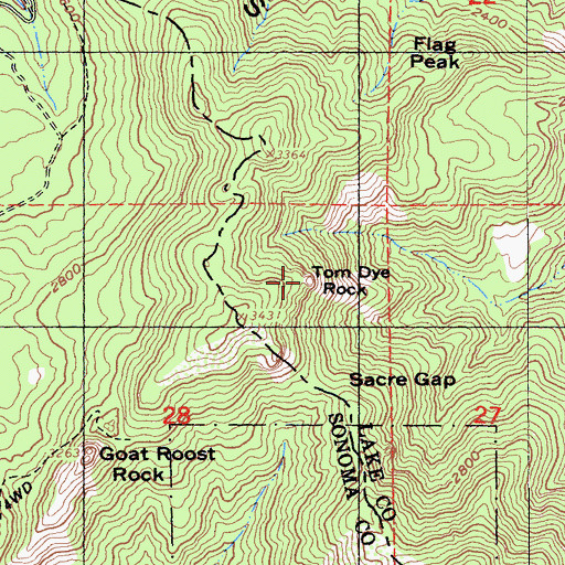 Topographic Map of Tom Dye Rock, CA