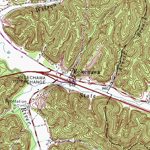 Topographic Map of Helechawa Railroad Station (historical), KY
