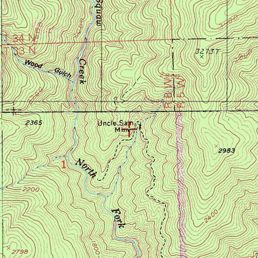 Topographic Map of Uncle Sam Mine, CA