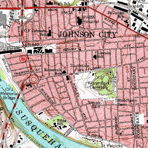 Topographic Map of Johnson City Fire Station 1, NY