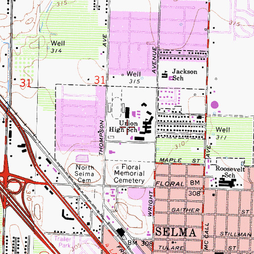 Topographic Map of Selma High School, CA