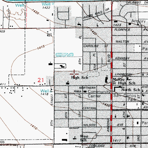 Topographic Map of Coolidge High School, AZ