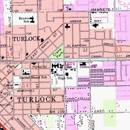 Topographic Map of Turlock High School, CA