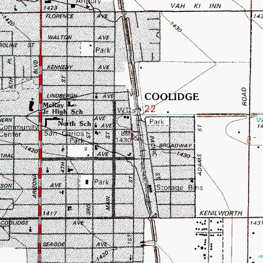 Topographic Map of Coolidge Railroad Station, AZ