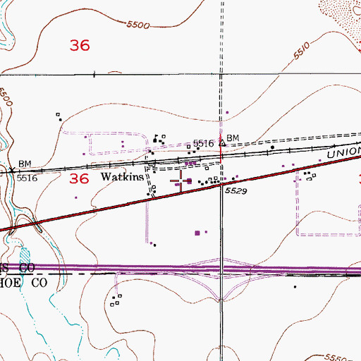 Topographic Map of Watkins Fire Department (historical), CO