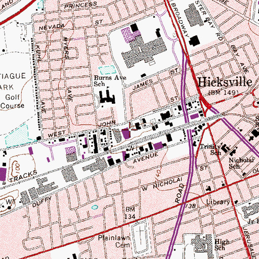 Topographic Map of Hicksville Post Office, NY