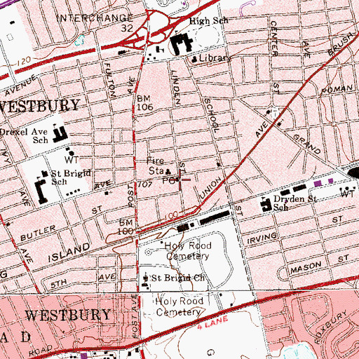 Topographic Map of Westbury Post Office, NY