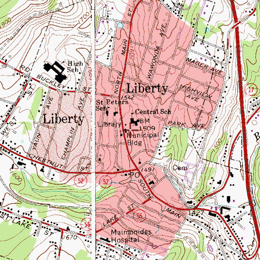Topographic Map of Liberty Municipal Building, NY